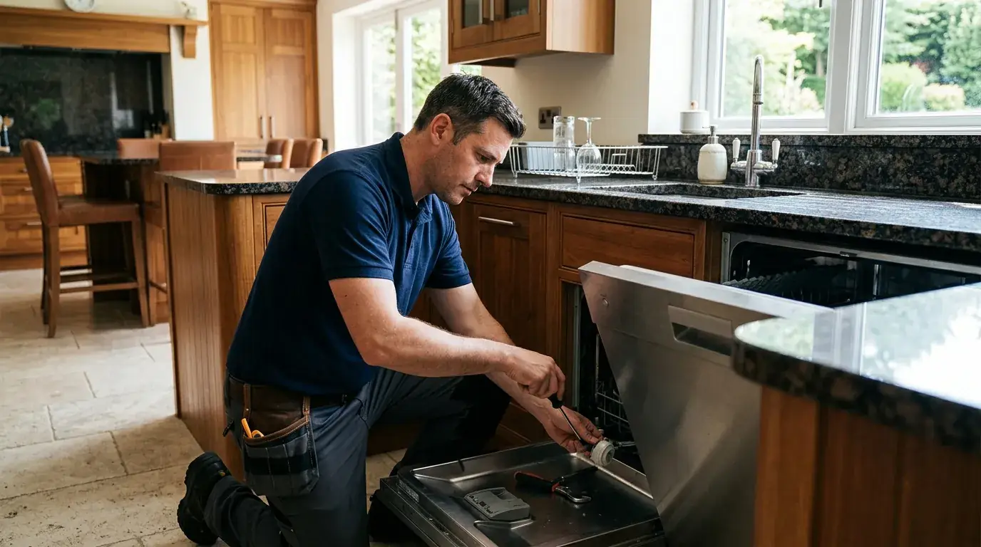 dishwasher repair plano - licensed Dishwasher Repair Frisco technician performing appliance repair diagnostics in a Plano, TX kitchen